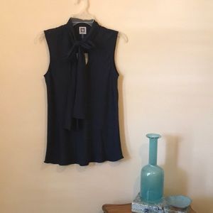 Anne Klein Navy Blue tie neck Blouse. Sleeveless.